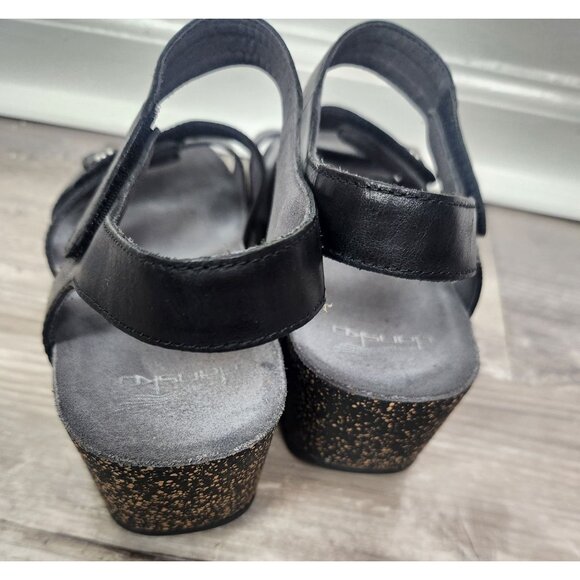 Dansko Women's Sz. 40 Savannah Cork Wedge Black Leather Sandals - Picture 3 of 8